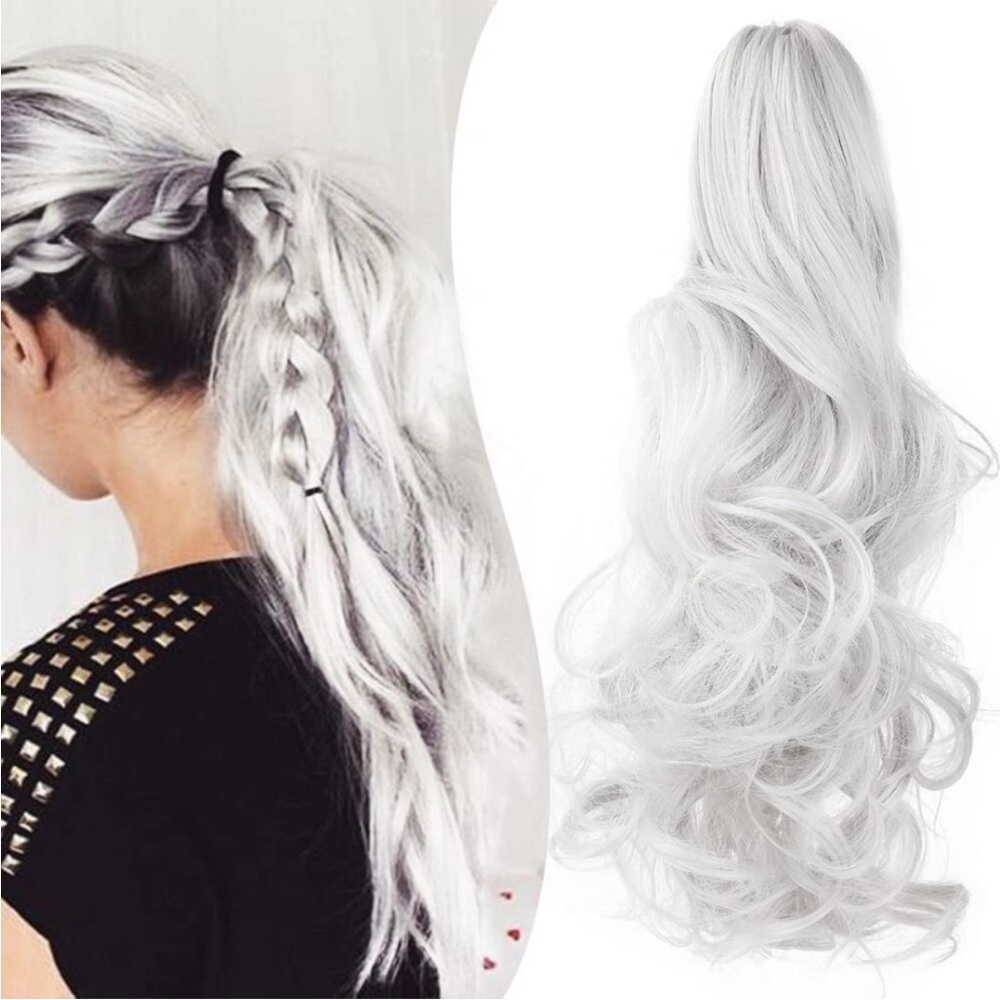 New Claw Clip Ponytail Extension 18" Wavy Silver Grey Long Ponytail Hairpiece